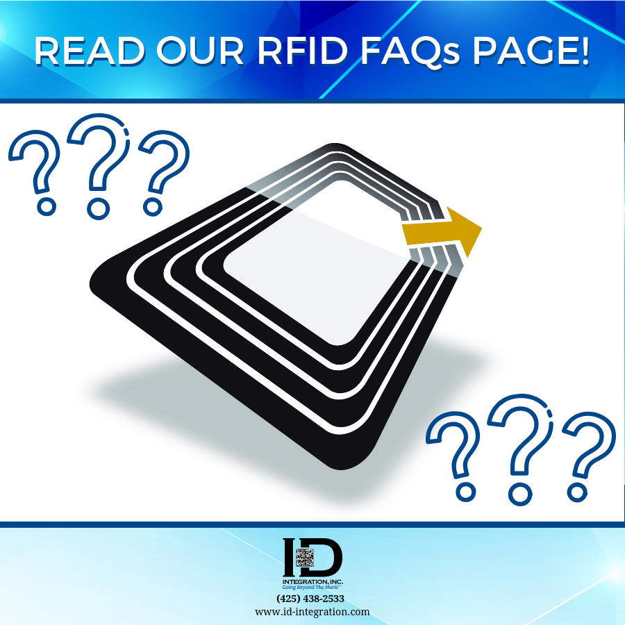 Shows graphic depiction of RFID technology with "RFID FAQ"