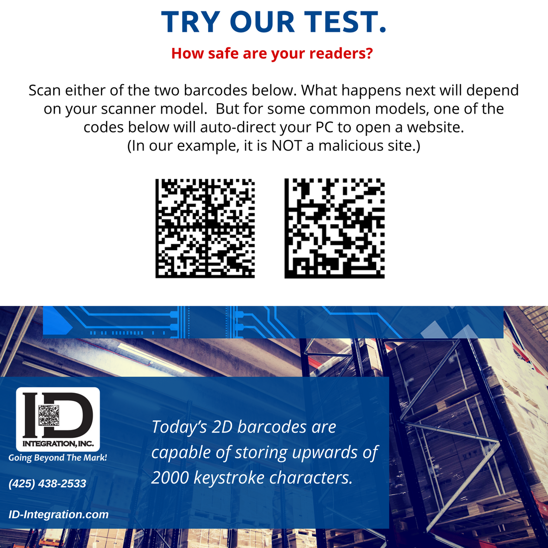shows two test 2d data matrix barcodes to test scanner security from today's barcode security threat